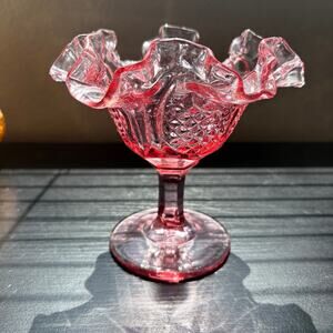 Fenton Pink Glass Open Compote Pedestal Candy Dish Ruffled Crimped Pineapple 5.5